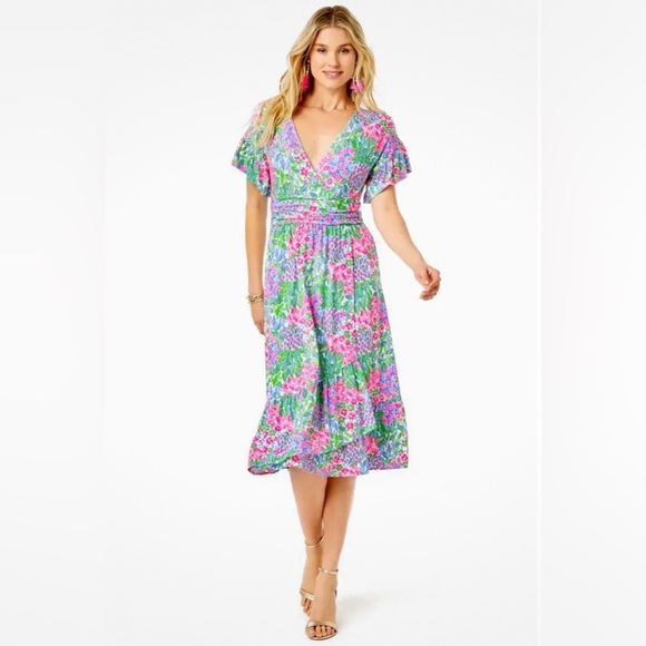 Lilly Pulitzer Dresses & Skirts - Lilly Pulitzer Juliet Ruffle Floral Short Sleeve V-Neck Midi Dress Sz LARGE